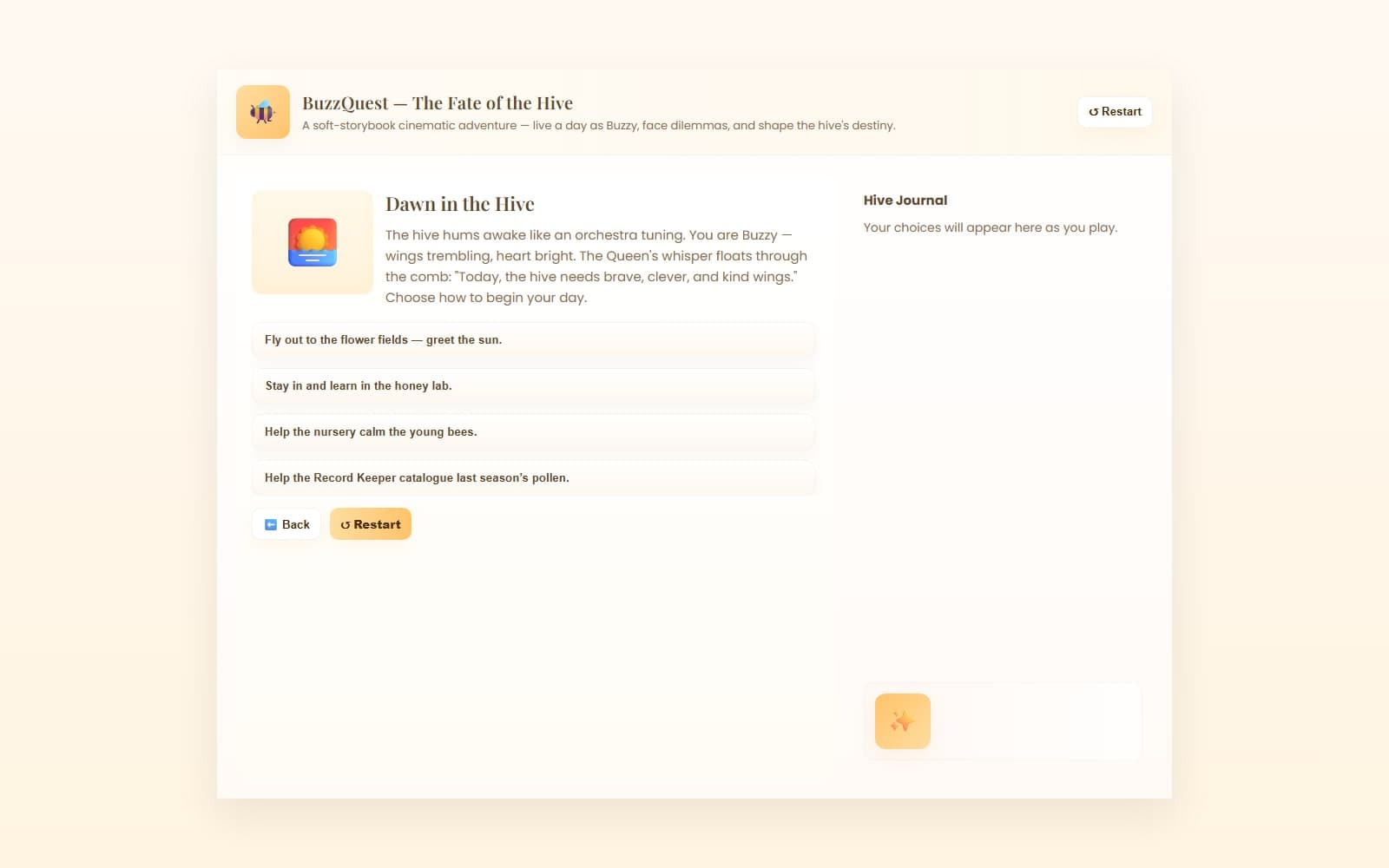 BuzzQuest in play: the opening scene, its four choices, and the Hive Journal.