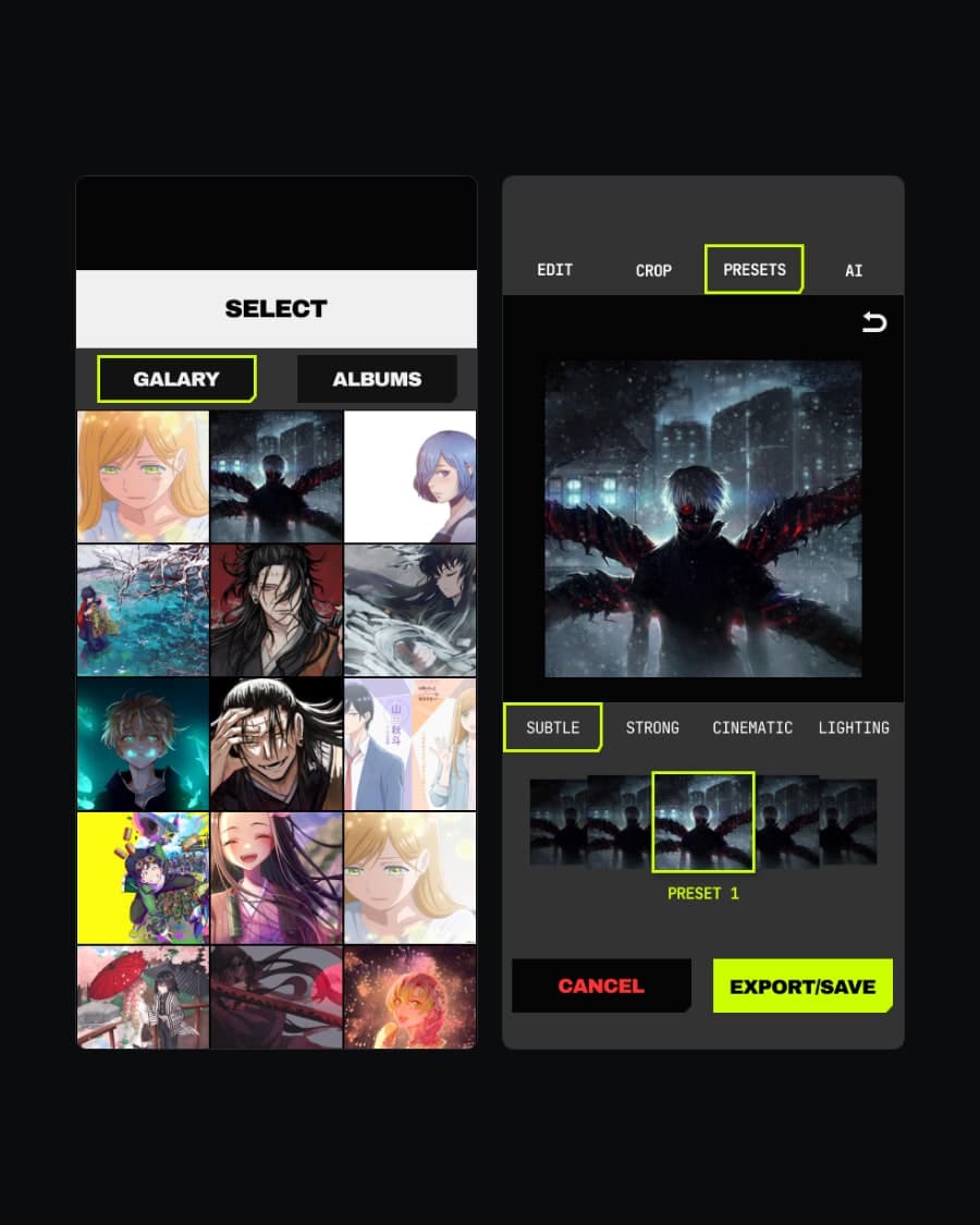 UNCUT's gallery picker and preset browser.
