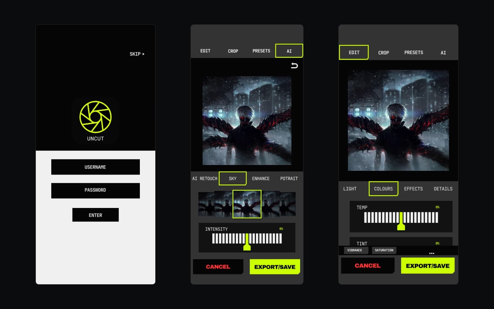 Three UNCUT screens side by side: the sign-in, the AI sky panel, and the colour controls.